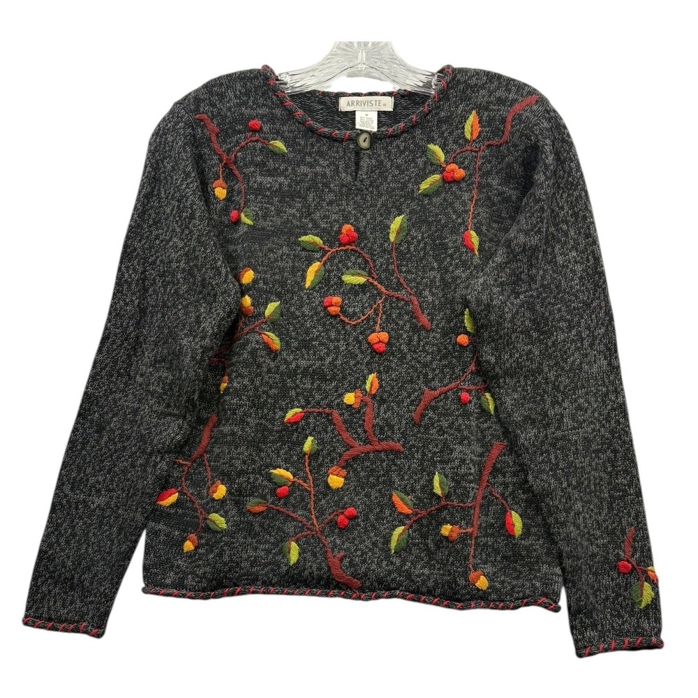 Arriviste Vintage Floral Embroidered Sweater Charcoal Gray Folk Art Cottagecore